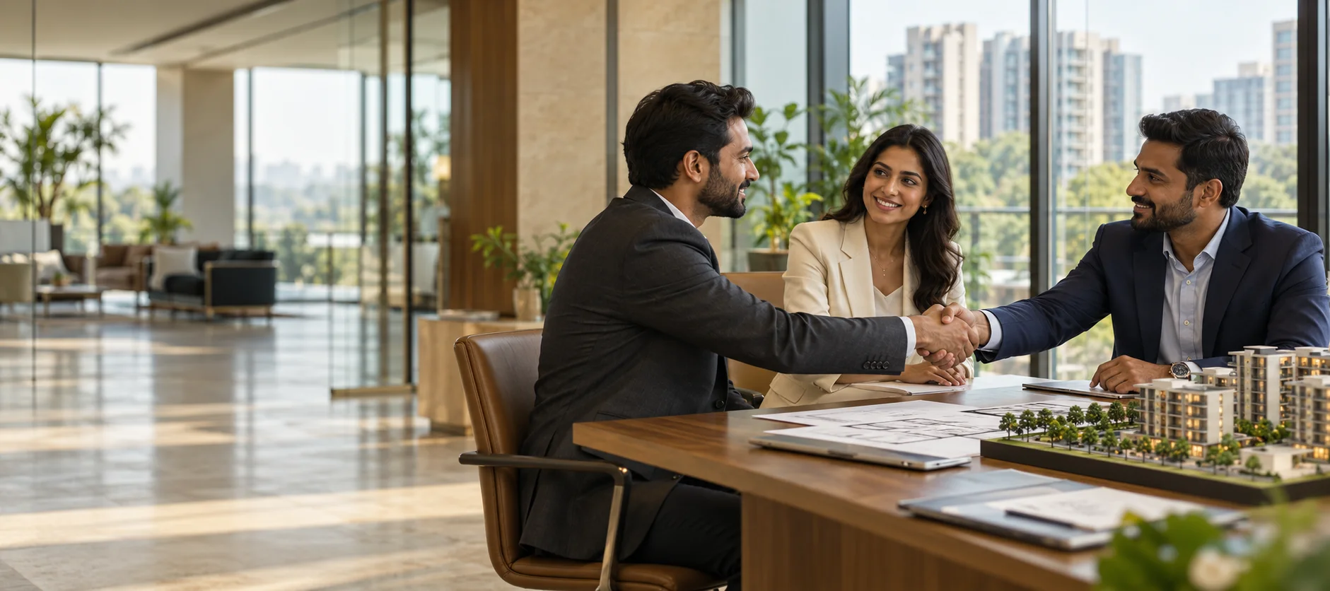 Real estate professionals collaborating over property plans and an architectural model